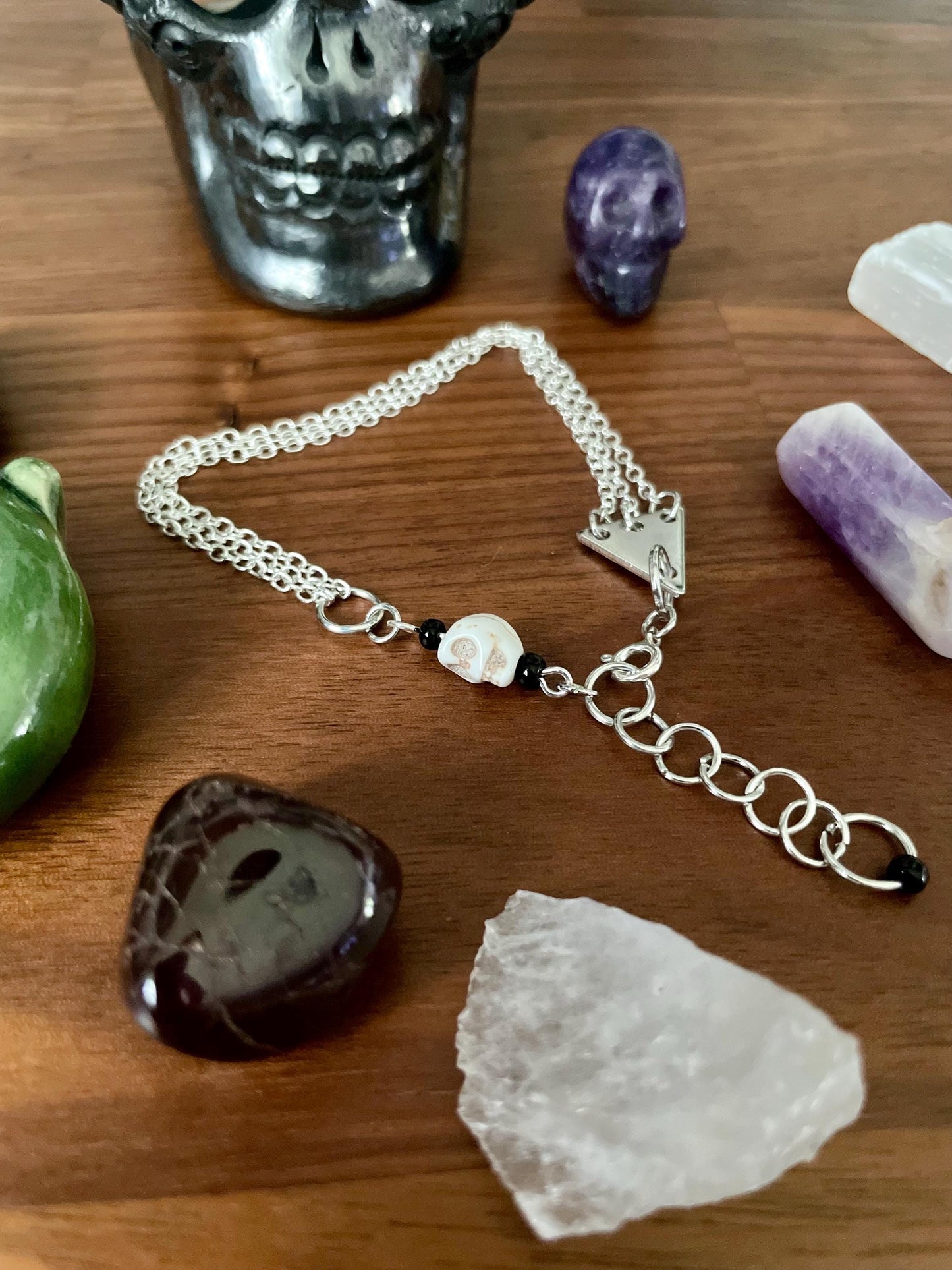 Howlite skull dangly three chain adjustable size bracelet | Witchy boho punk bracelet | Nickel Free Hypoallergic silver tone chain