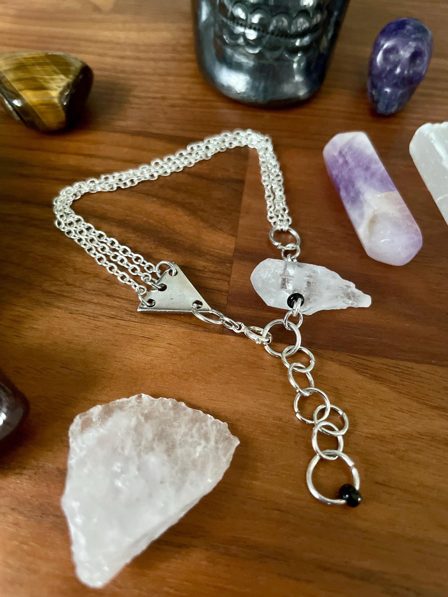 Clear quartz dangly three chain adjustable size bracelet | Witchy boho punk bracelet | Nickel Free Hypoallergic silver tone chain
