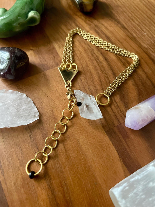 Clear quartz dangly three chain adjustable size bracelet | Witchy boho punk bracelet | Nickel Free Hypoallergic gold tone chain