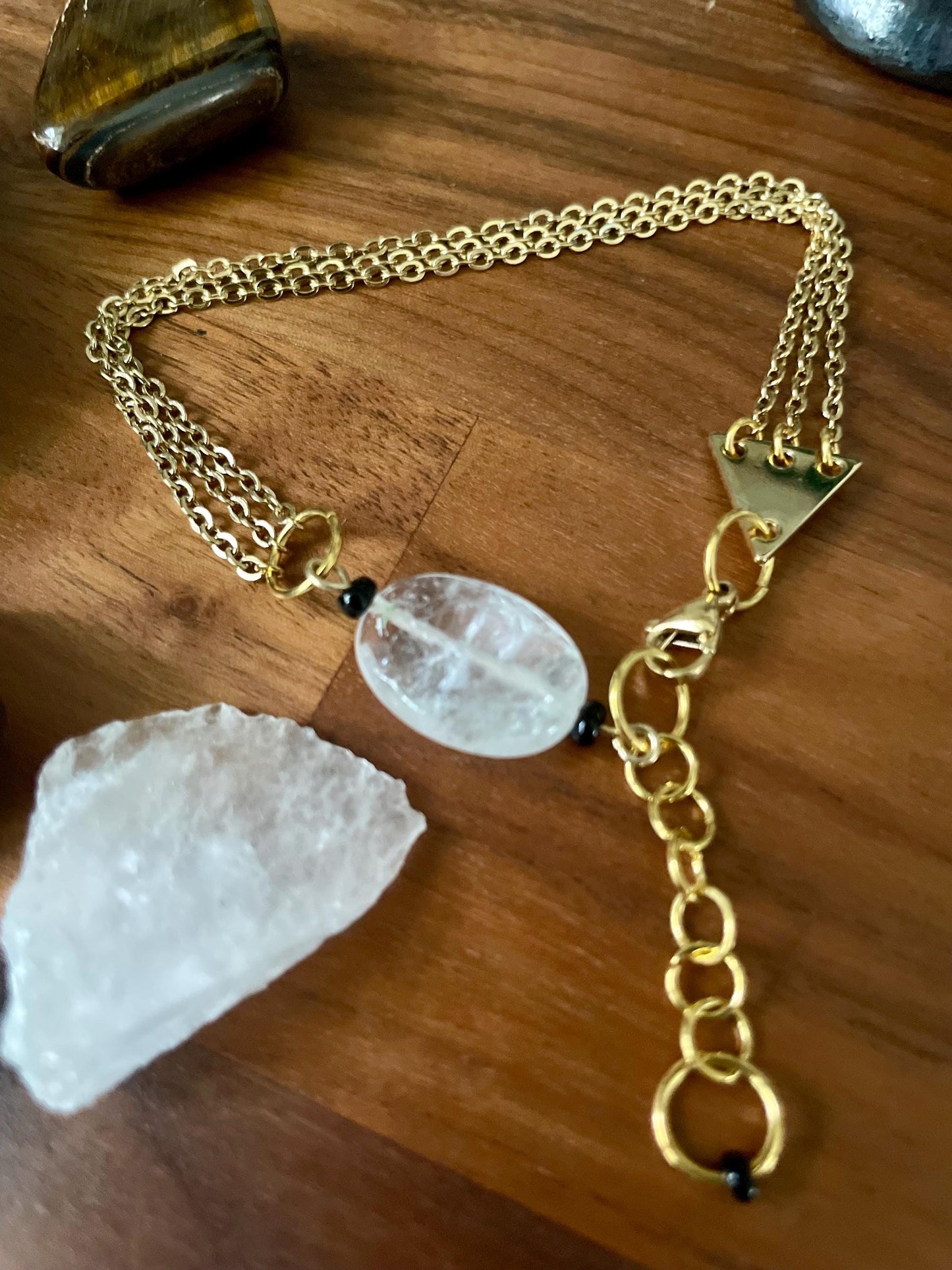 Vintage clear glass bead dangly three chain adjustable size bracelet | Witchy boho punk bracelet | Nickel Free Hypoallergic gold tone chain