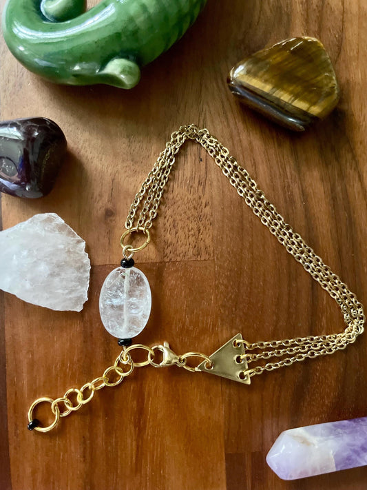 Vintage clear glass bead dangly three chain adjustable size bracelet | Witchy boho punk bracelet | Nickel Free Hypoallergic gold tone chain