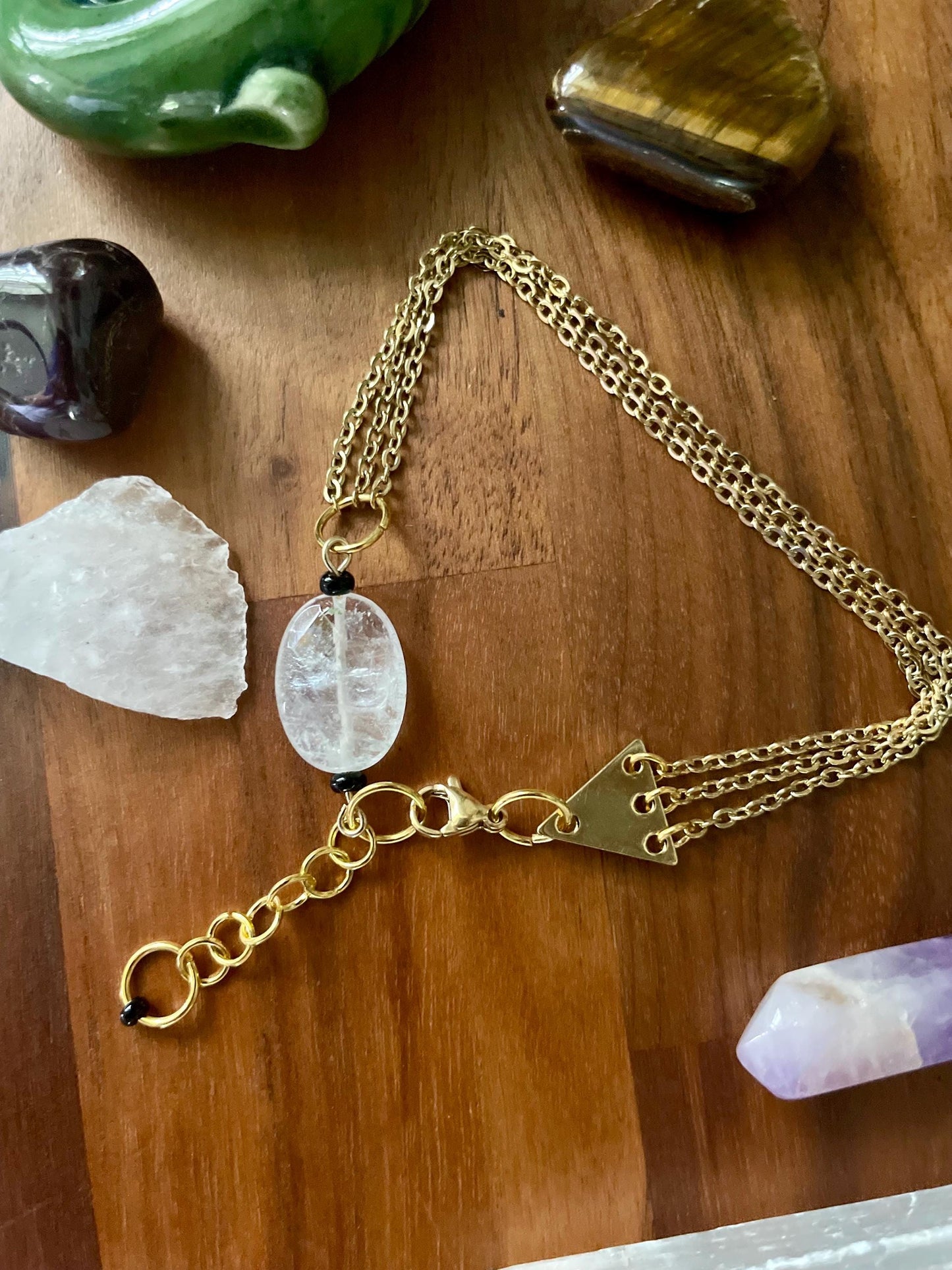 Vintage clear glass bead dangly three chain adjustable size bracelet | Witchy boho punk bracelet | Nickel Free Hypoallergic gold tone chain