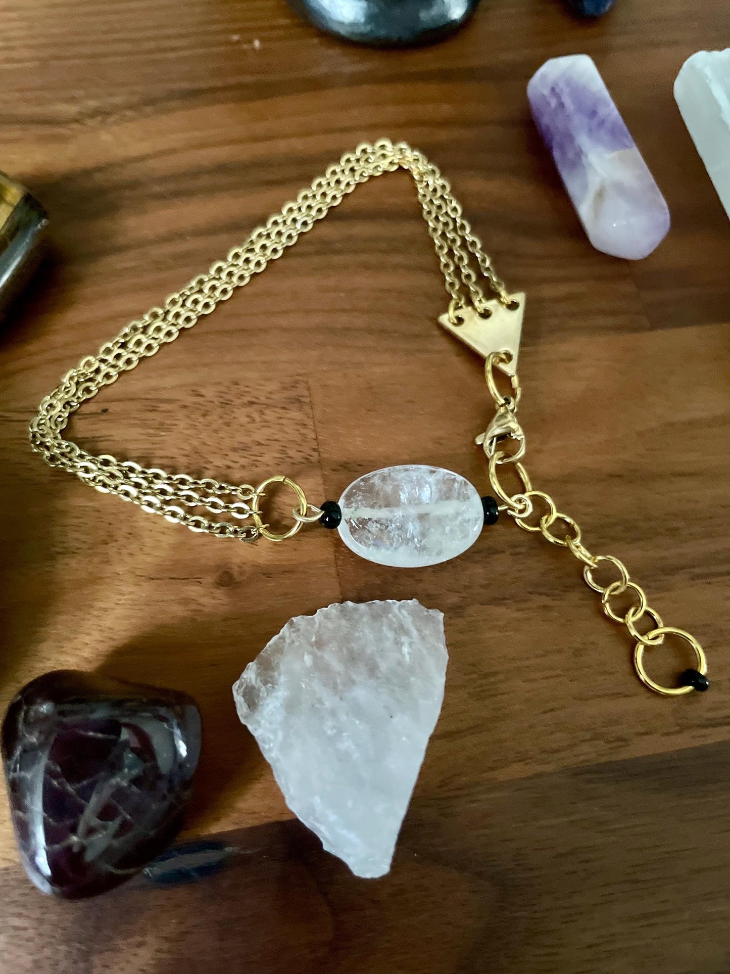 Vintage clear glass bead dangly three chain adjustable size bracelet | Witchy boho punk bracelet | Nickel Free Hypoallergic gold tone chain