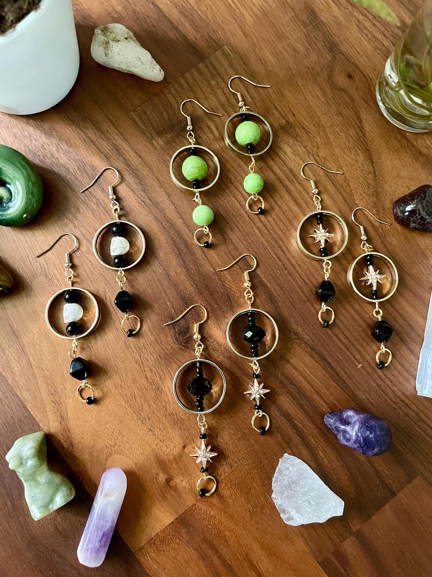 Gold, black, and white Howlite Skull statement earrings | Halloween gifts for her | Nickel Free Hypoallergic ear wires | upcycled beads