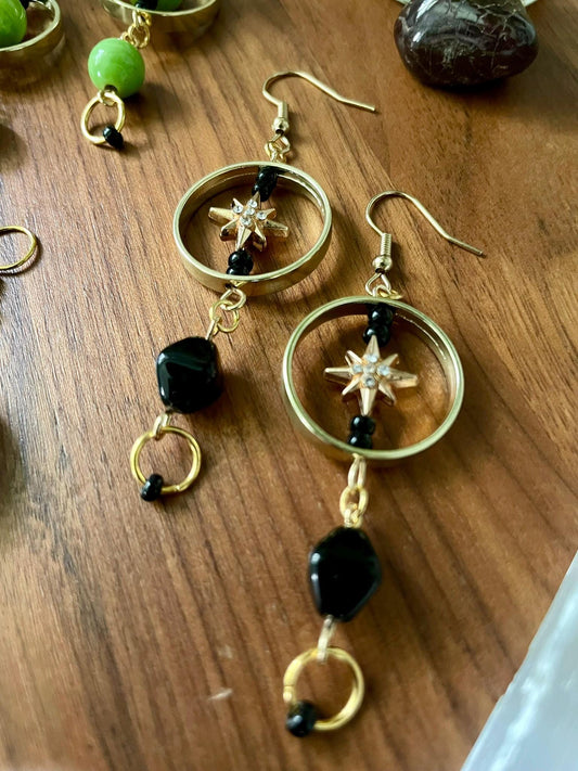 Black & Gold Celestial Star Dangly Statement Earrings | Halloween gifts | Nickel Free Hypoallergic ear wires | new and upcycled beads