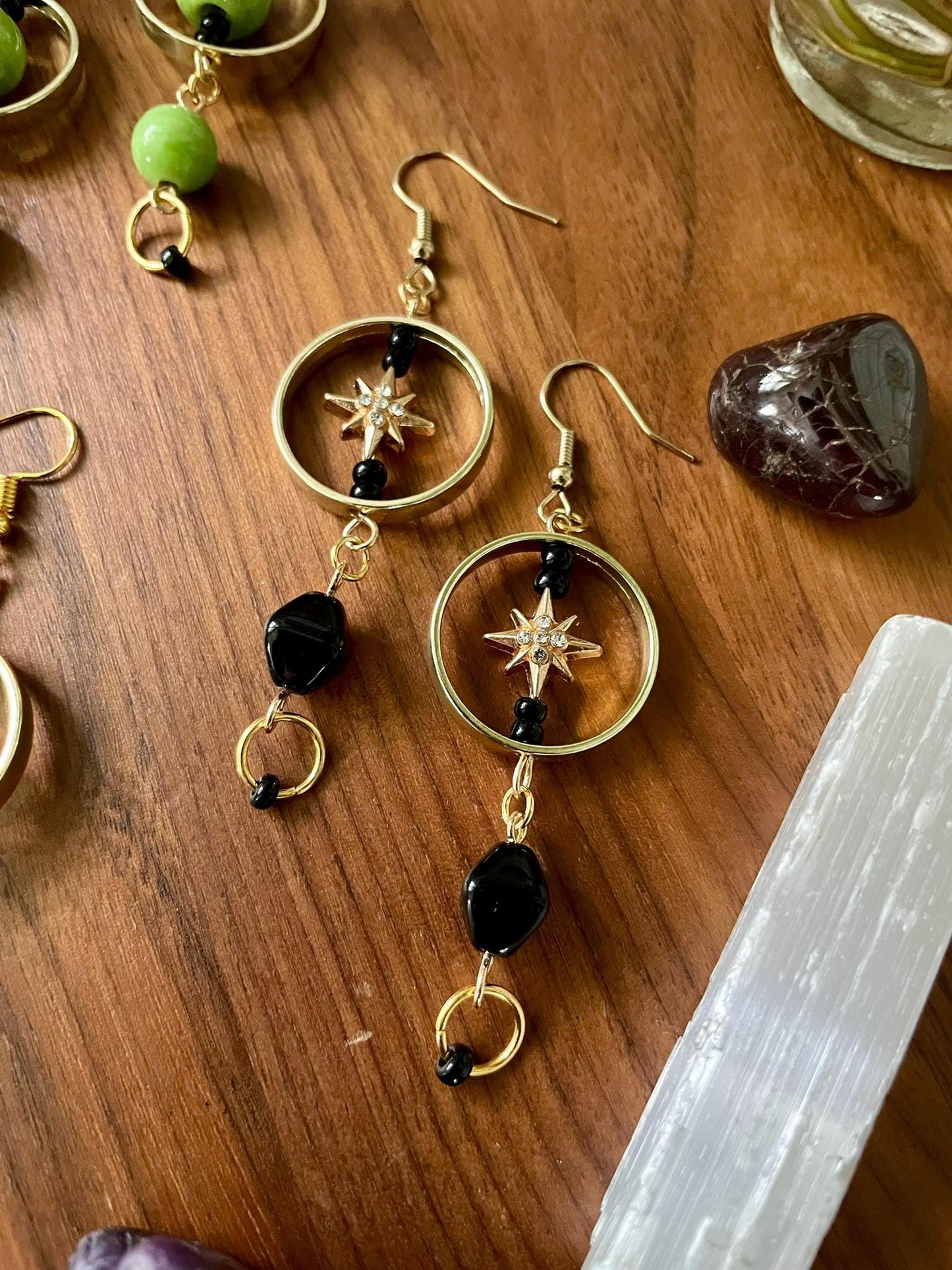 Black & Gold Celestial Star Dangly Statement Earrings | Halloween gifts | Nickel Free Hypoallergic ear wires | new and upcycled beads