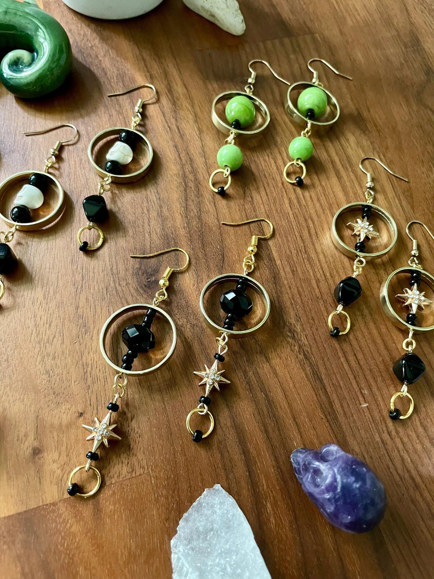 Black & Gold Celestial Star Dangly Statement Earrings | Halloween gifts | Nickel Free Hypoallergic ear wires | new and upcycled beads