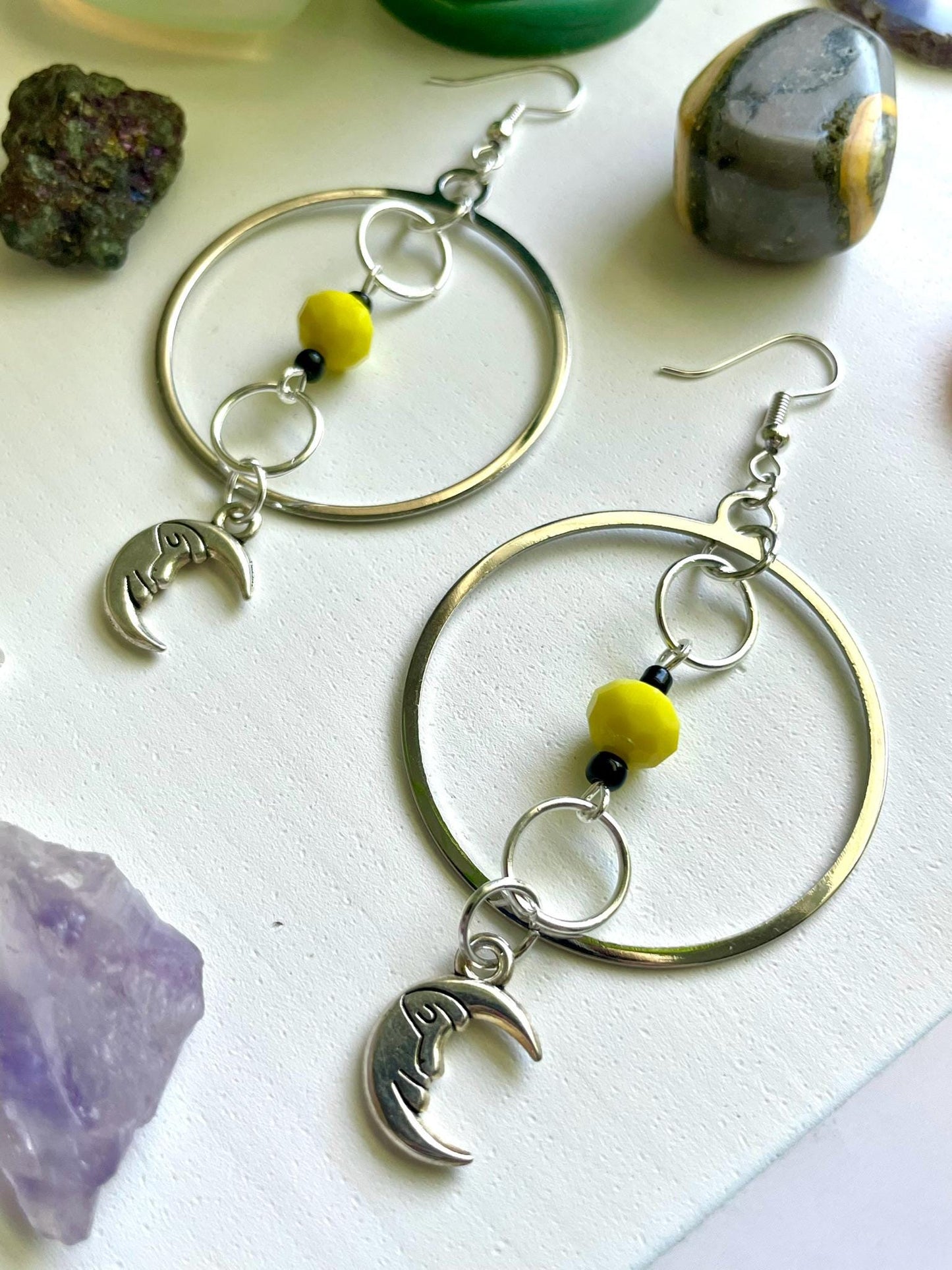 Yellow and Silver Man in the Moon Circle Statement Earrings | Nickel Free Hypoallergic ear wires | upcycled and new beads | Celestial Gift