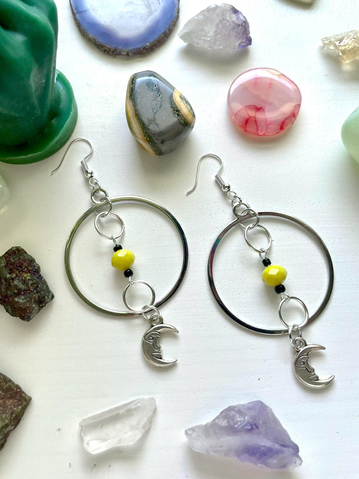 Yellow and Silver Man in the Moon Circle Statement Earrings | Nickel Free Hypoallergic ear wires | upcycled and new beads | Celestial Gift