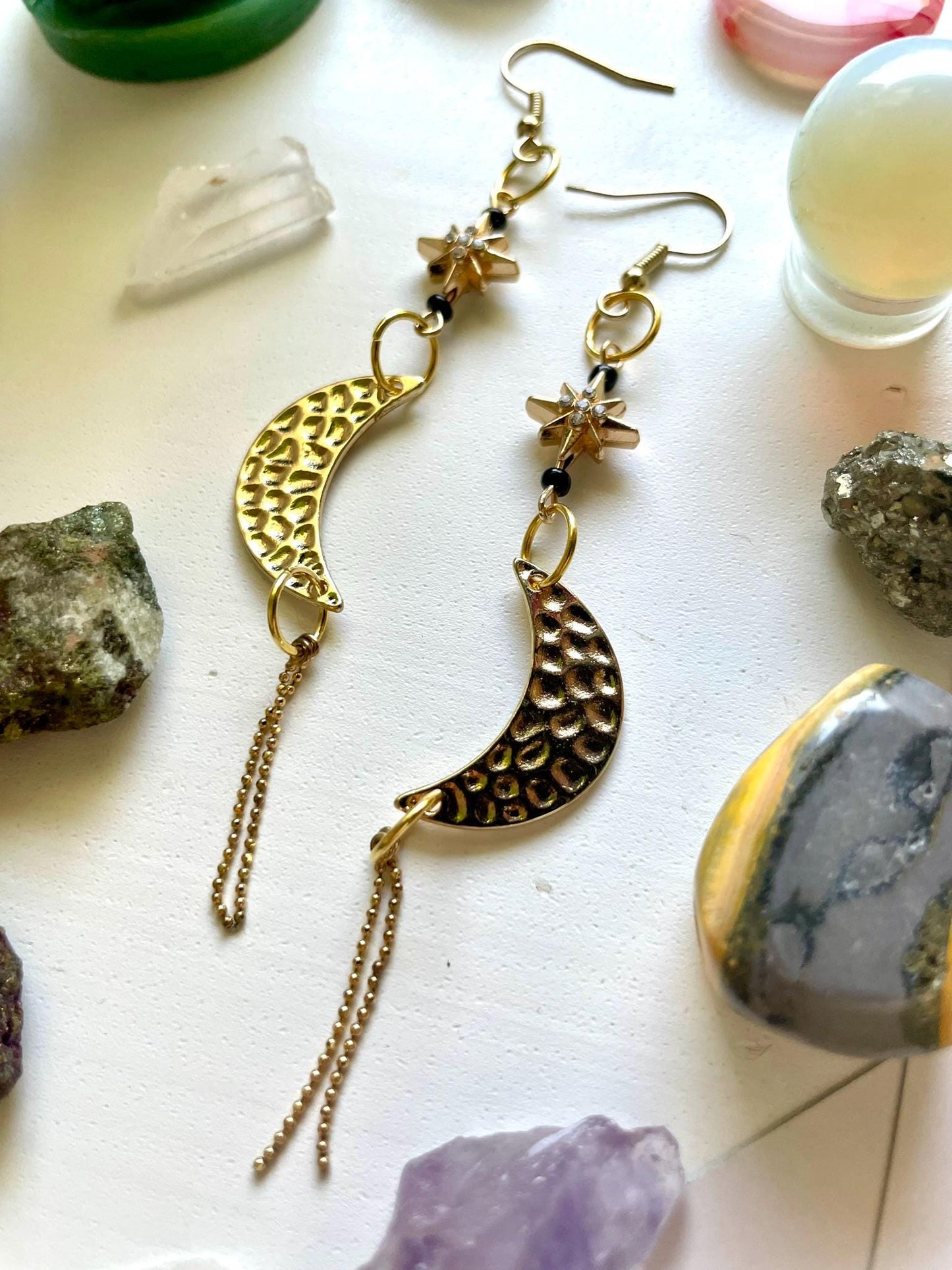 Celestial star and moon witchy dangle statement earrings | Halloween gifts for her | Nickel Free Hypoallergic ear wires | upcycled beads