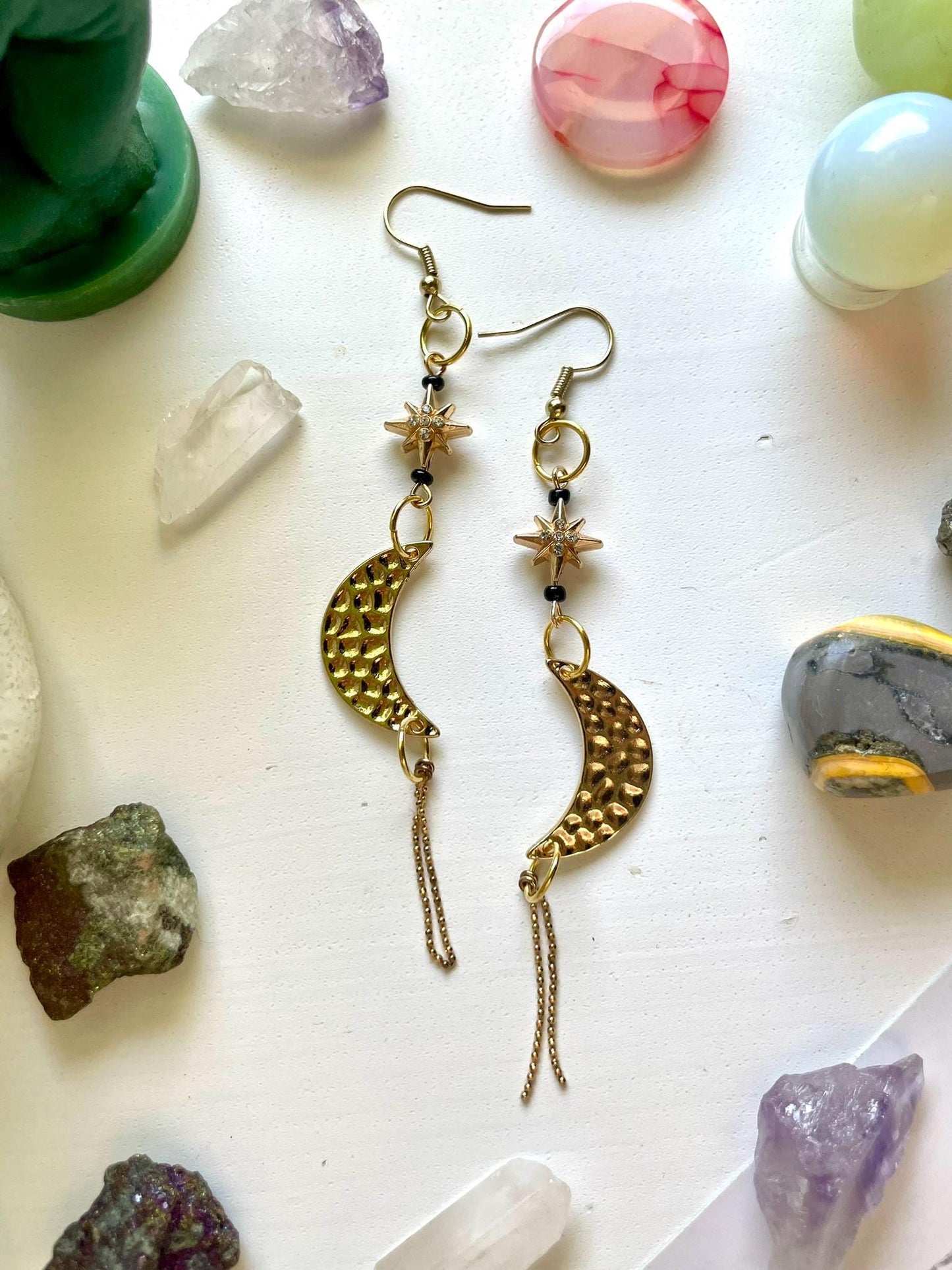 Celestial star and moon witchy dangle statement earrings | Halloween gifts for her | Nickel Free Hypoallergic ear wires | upcycled beads