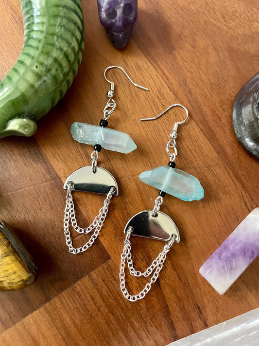 Aqua Quartz Crystal Silver Tone Half Moon Dangly Statement Earrings | Halloween gifts | Nickel Free Hypoallergic ear wires