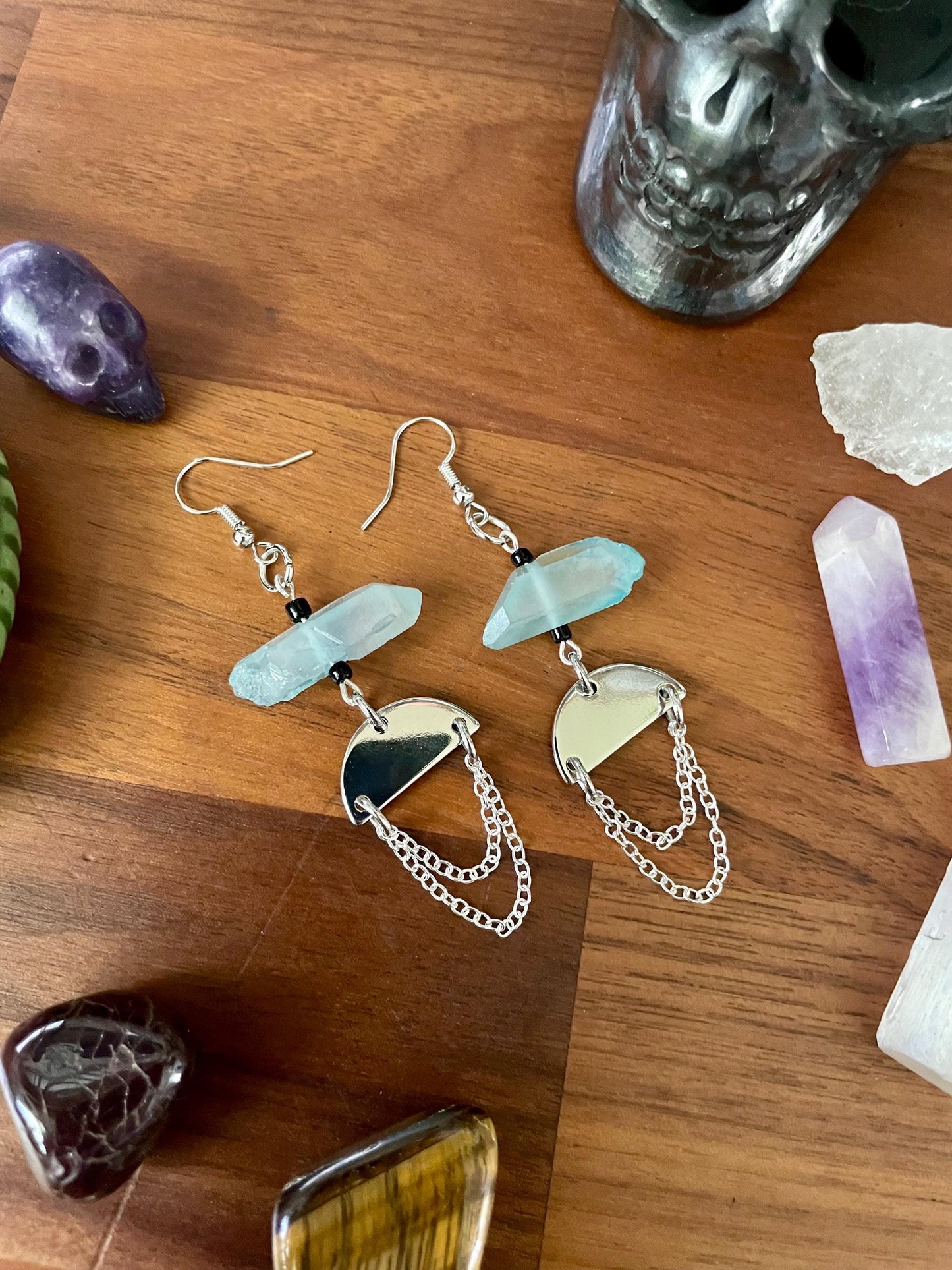 Aqua Quartz Crystal Silver Tone Half Moon Dangly Statement Earrings | Halloween gifts | Nickel Free Hypoallergic ear wires