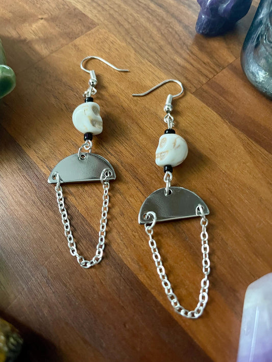 White Turquoise Skull silver medium half moon dangle earrings | Witchy Boho Dangly Statement Earrings | Nickel Free Hypoallergic ear wires