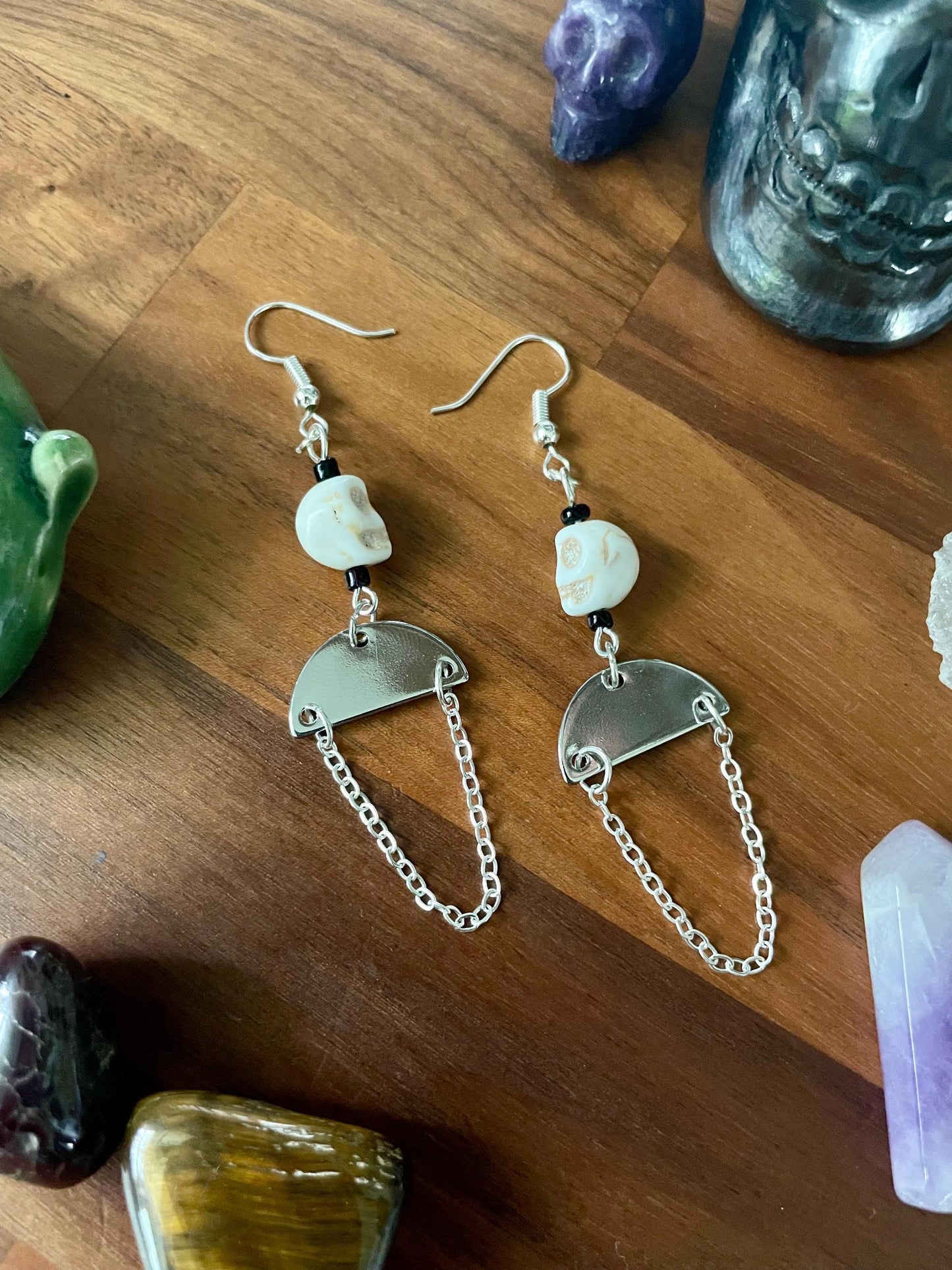 White Turquoise Skull silver medium half moon dangle earrings | Witchy Boho Dangly Statement Earrings | Nickel Free Hypoallergic ear wires