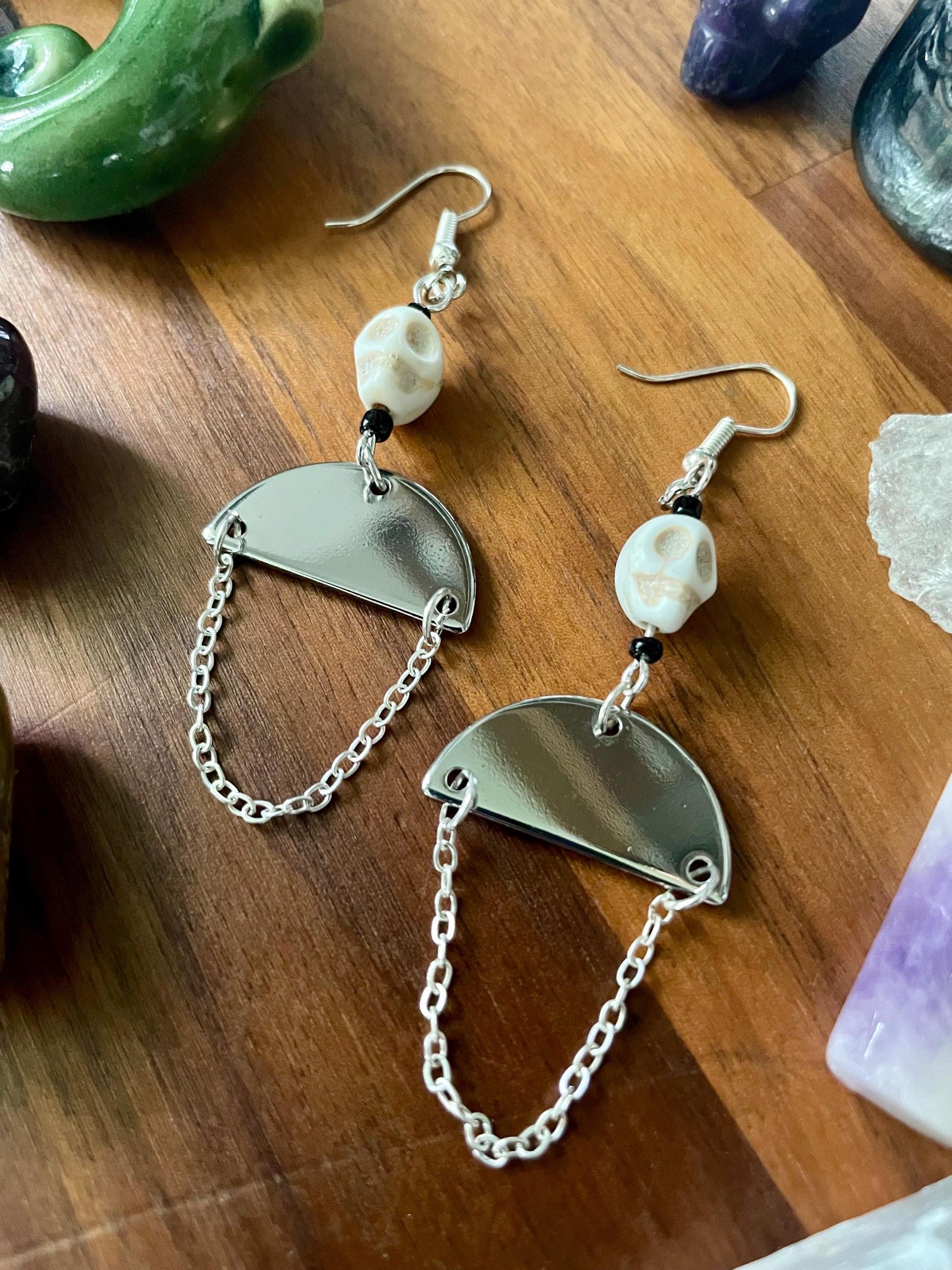 Skull silver half moon dangle earrings | Witchy Boho dangly drop Statement Earrings | Nickel Free Hypoallergic plated steel ear wires