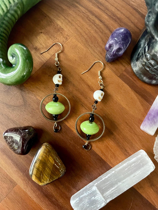 Black, Gold, and Green Skull Dangly Statement Earrings | Halloween gifts | Nickel Free Hypoallergic ear wires | new and upcycled beads
