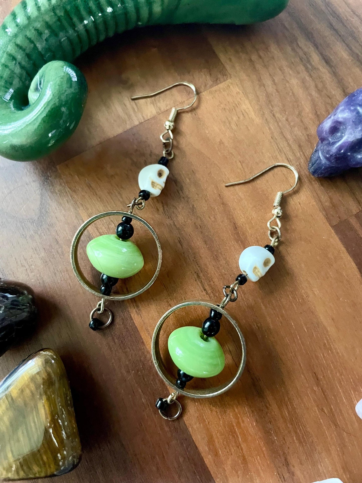 Black, Gold, and Green Skull Dangly Statement Earrings | Halloween gifts | Nickel Free Hypoallergic ear wires | new and upcycled beads