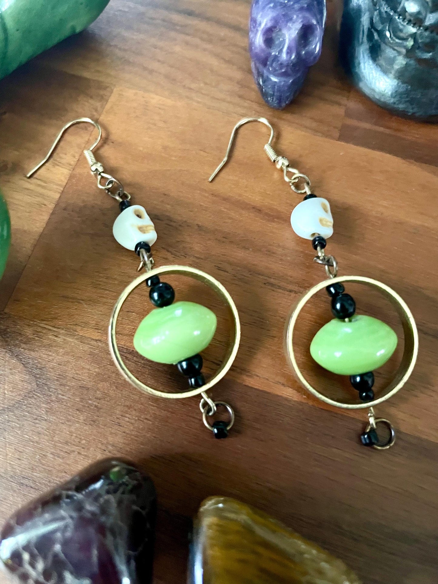 Black, Gold, and Green Skull Dangly Statement Earrings | Halloween gifts | Nickel Free Hypoallergic ear wires | new and upcycled beads