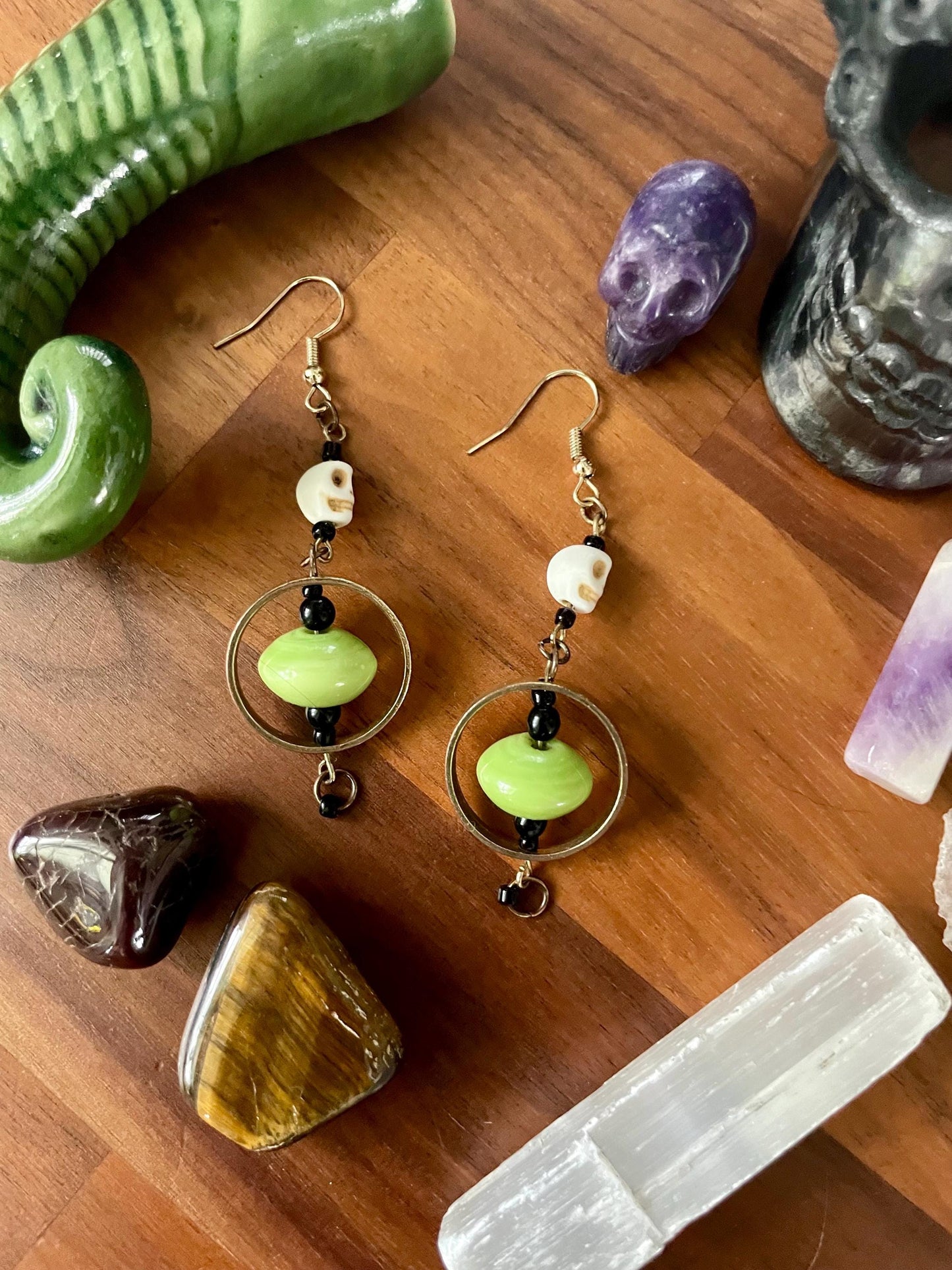 Black, Gold, and Green Skull Dangly Statement Earrings | Halloween gifts | Nickel Free Hypoallergic ear wires | new and upcycled beads