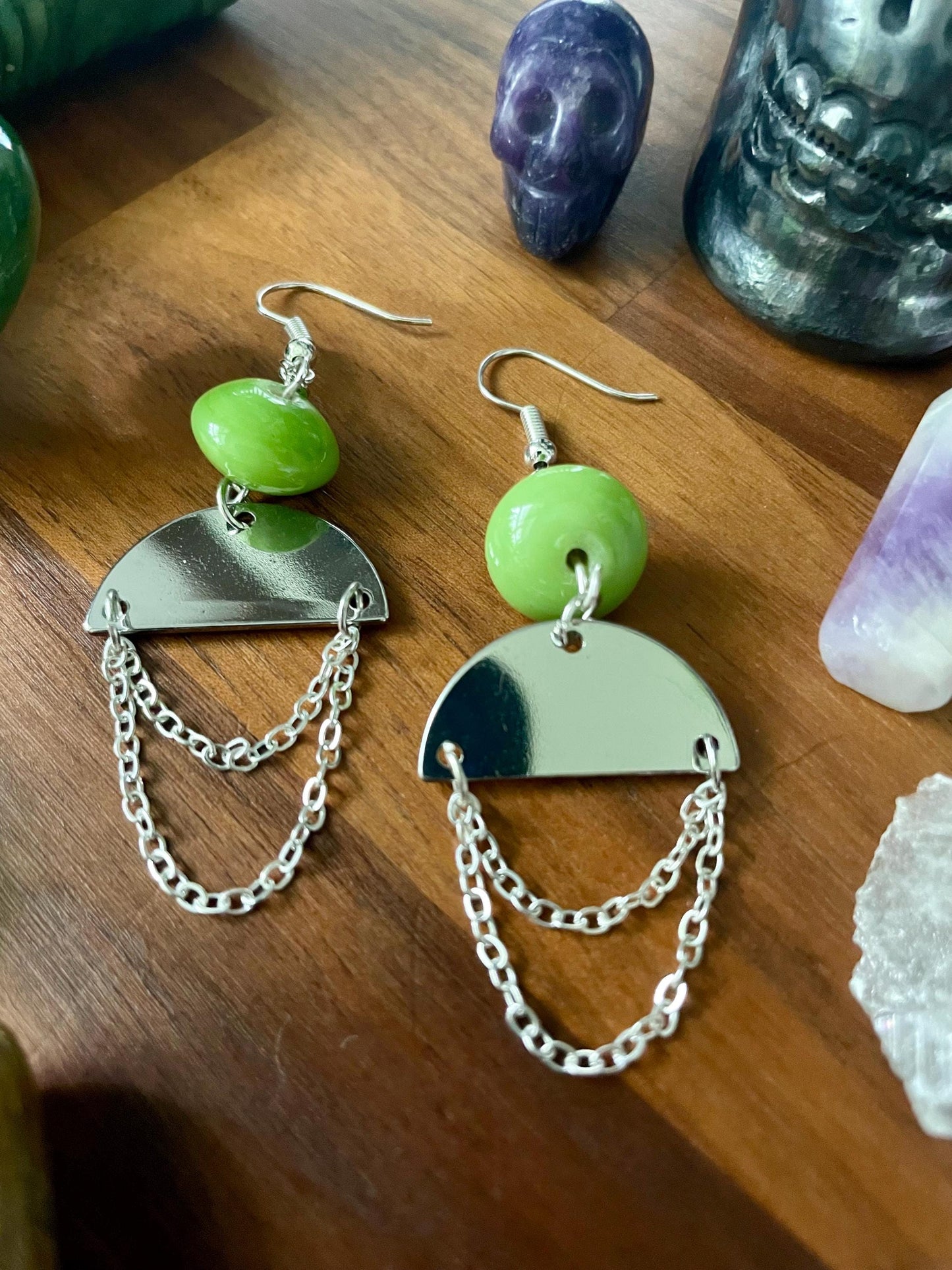 Vintage Green Bead silver semi-circle dangle earrings | Witchy Boho dangly drop Statement Earrings | Nickel Free Hypoallergic ear wires