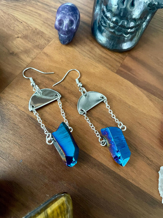 Sapphire Luster Quartz silver semi-circle dangle statement earrings | Nickel Free Hypoallergic plated steel ear wires | Witchy Boho Earrings