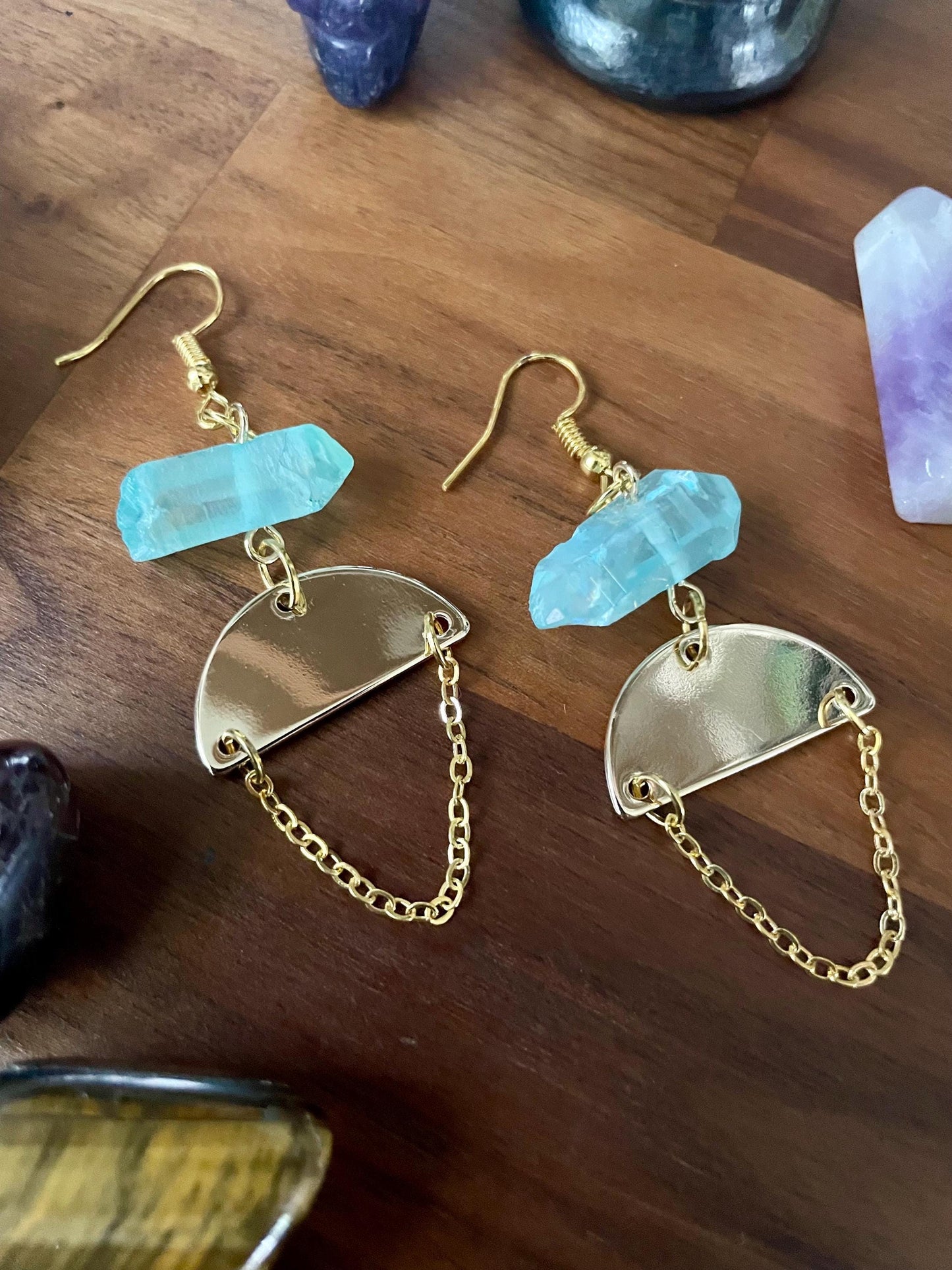 Aqua Quartz Crystal Gold Tone Half Moon Dangly Statement Earrings | Halloween gifts | Nickel Free Hypoallergic ear wires