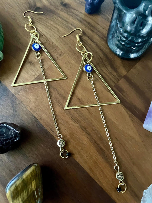 Evil eye & Gold Triangle Dangly Statement Earrings | Halloween gifts | Nickel Free Hypoallergic ear wires | new and upcycled beads