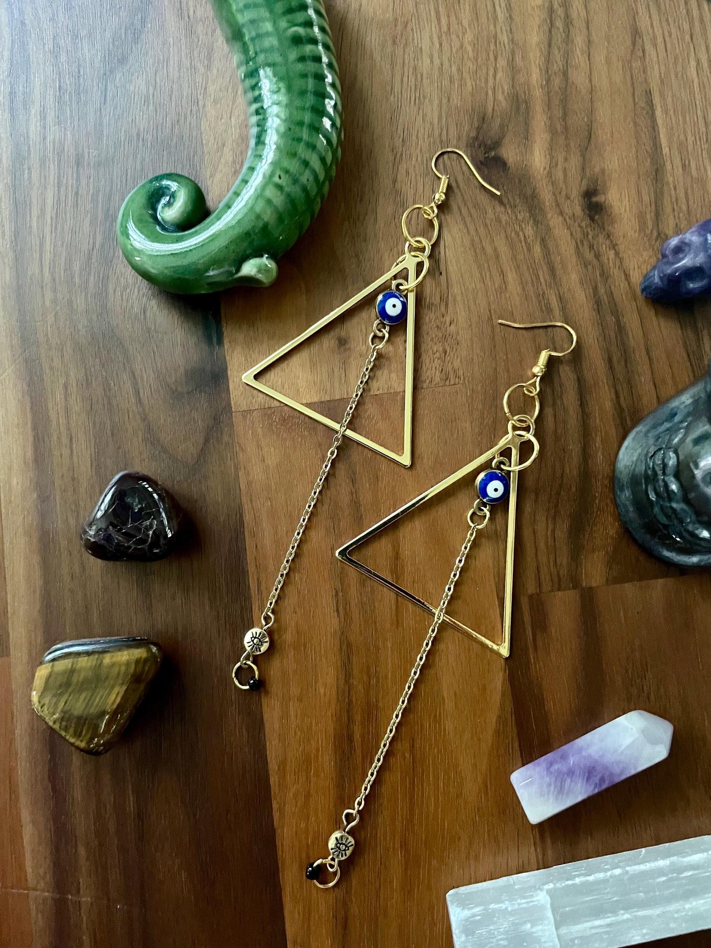 Evil eye & Gold Triangle Dangly Statement Earrings | Halloween gifts | Nickel Free Hypoallergic ear wires | new and upcycled beads