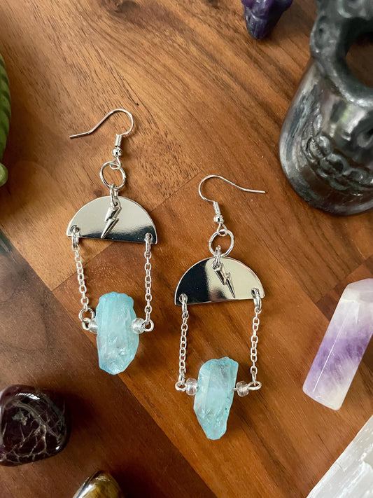 Aqua quartz, lightening charm, silver semi-circle dangle statement earrings | witchy boho earrings | Nickel Free Hypoallergic ear wires