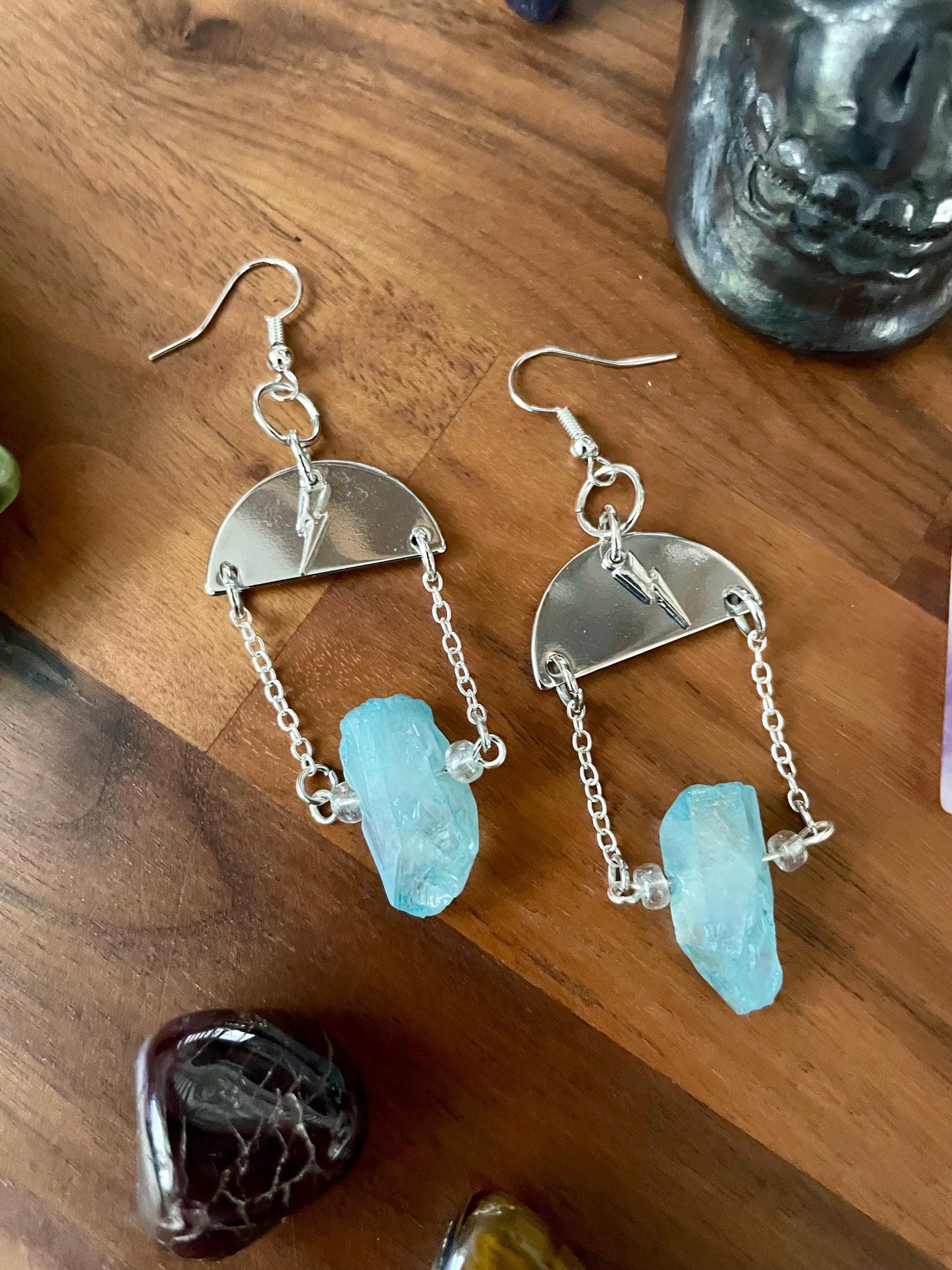 Aqua quartz, lightening charm, silver semi-circle dangle statement earrings | witchy boho earrings | Nickel Free Hypoallergic ear wires
