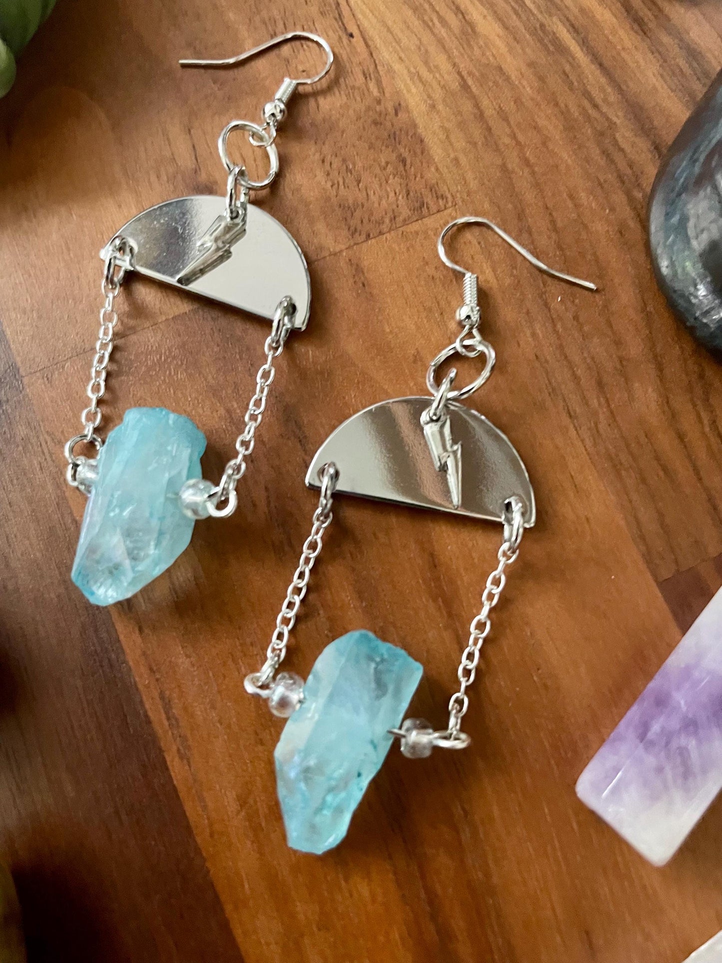 Aqua quartz, lightening charm, silver semi-circle dangle statement earrings | witchy boho earrings | Nickel Free Hypoallergic ear wires