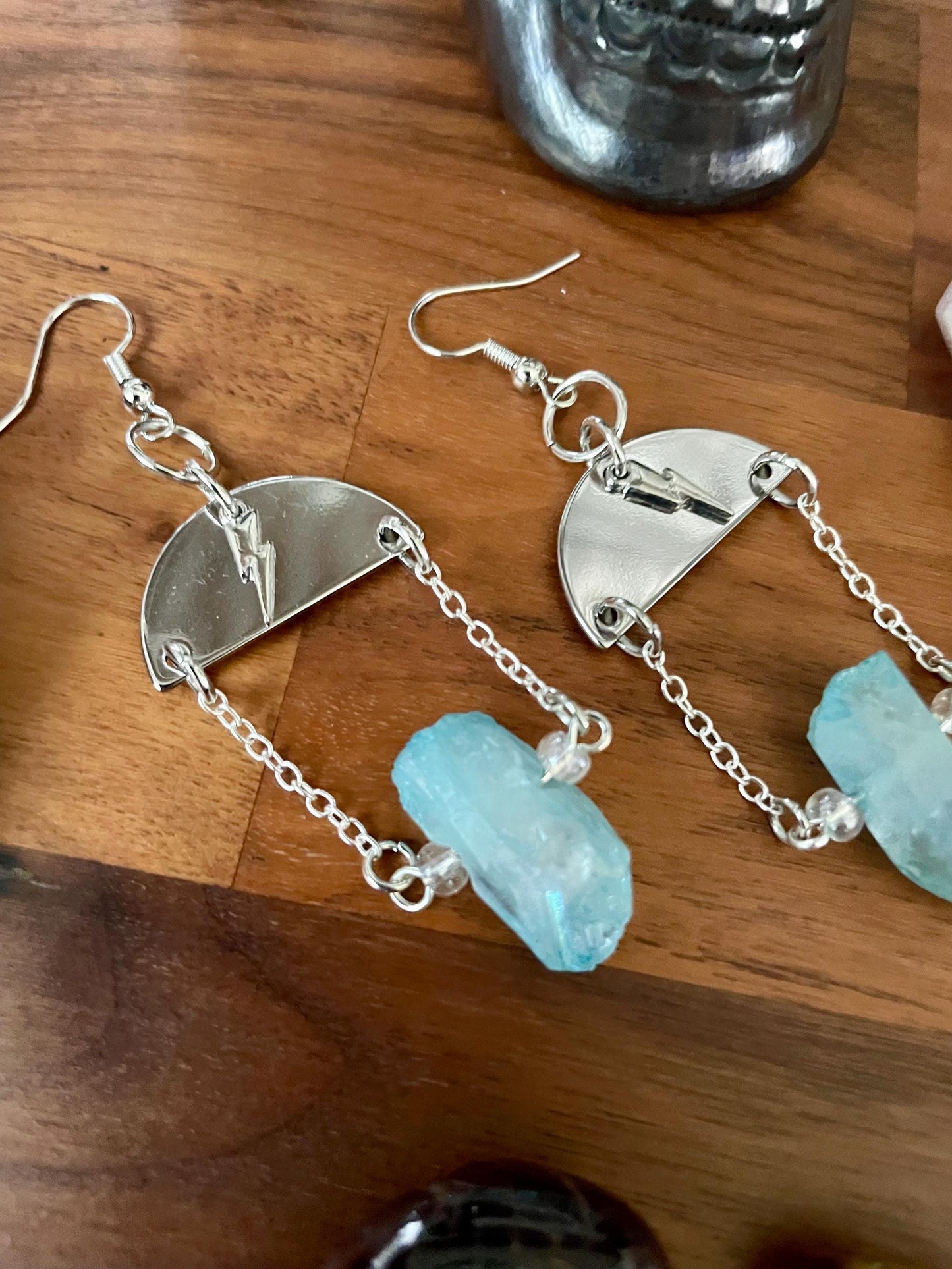 Aqua quartz, lightening charm, silver semi-circle dangle statement earrings | witchy boho earrings | Nickel Free Hypoallergic ear wires