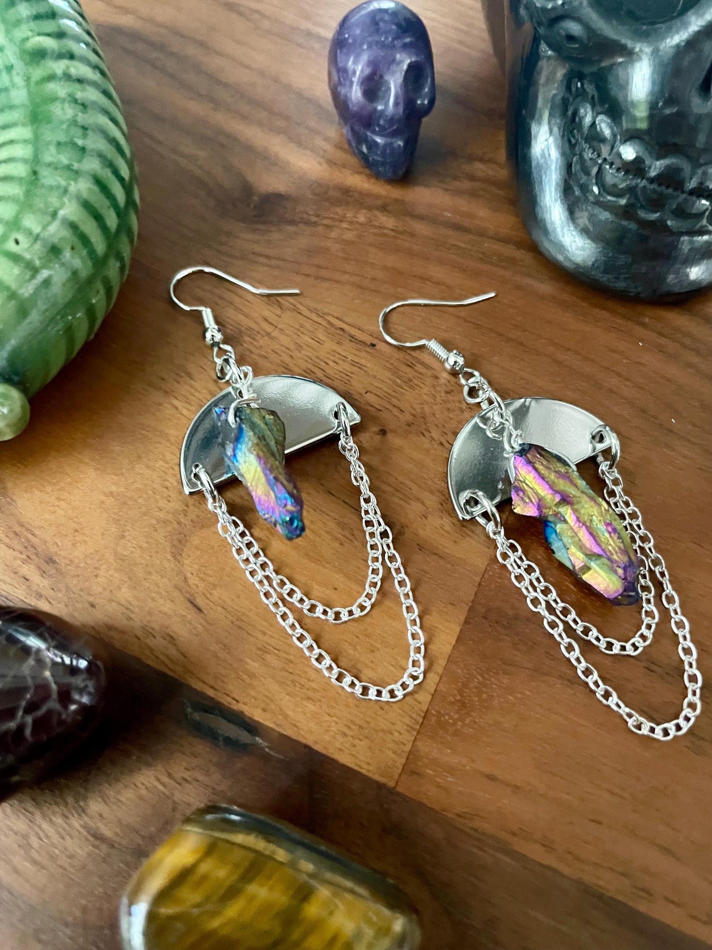 Aurora Borealis Hematite and silver semi-circle dangle statement earrings |Nickel Free Hypoallergic plated steel ear wires