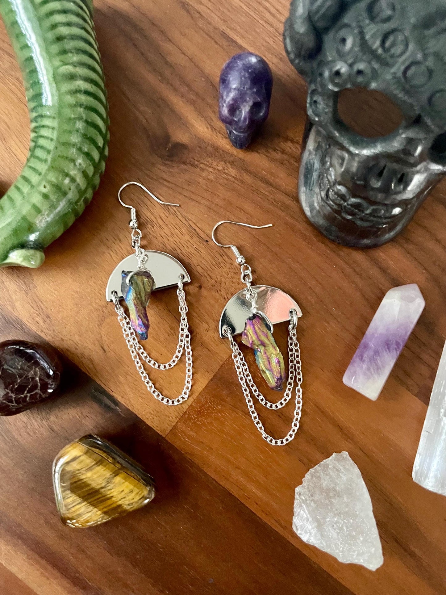 Aurora Borealis Hematite and silver semi-circle dangle statement earrings |Nickel Free Hypoallergic plated steel ear wires