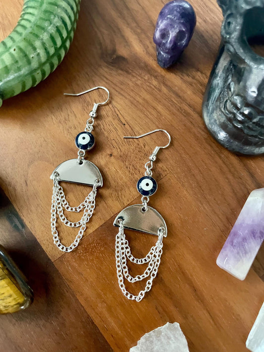Evil eye silver semi-circle dangle earrings | Witchy Boho dangly drop Statement Earrings | Nickel Free Hypoallergic plated steel ear wires