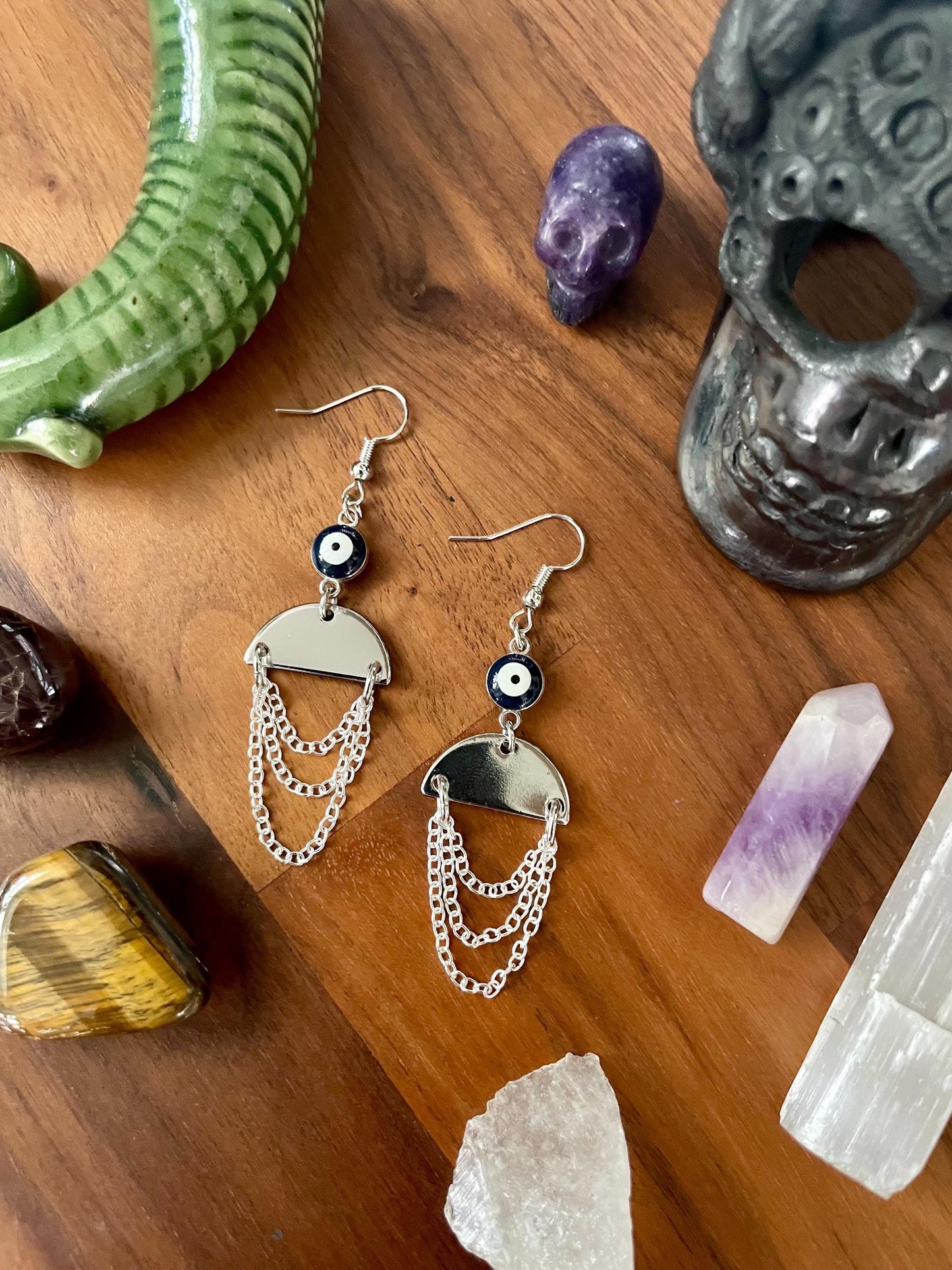 Evil eye silver semi-circle dangle earrings | Witchy Boho dangly drop Statement Earrings | Nickel Free Hypoallergic plated steel ear wires