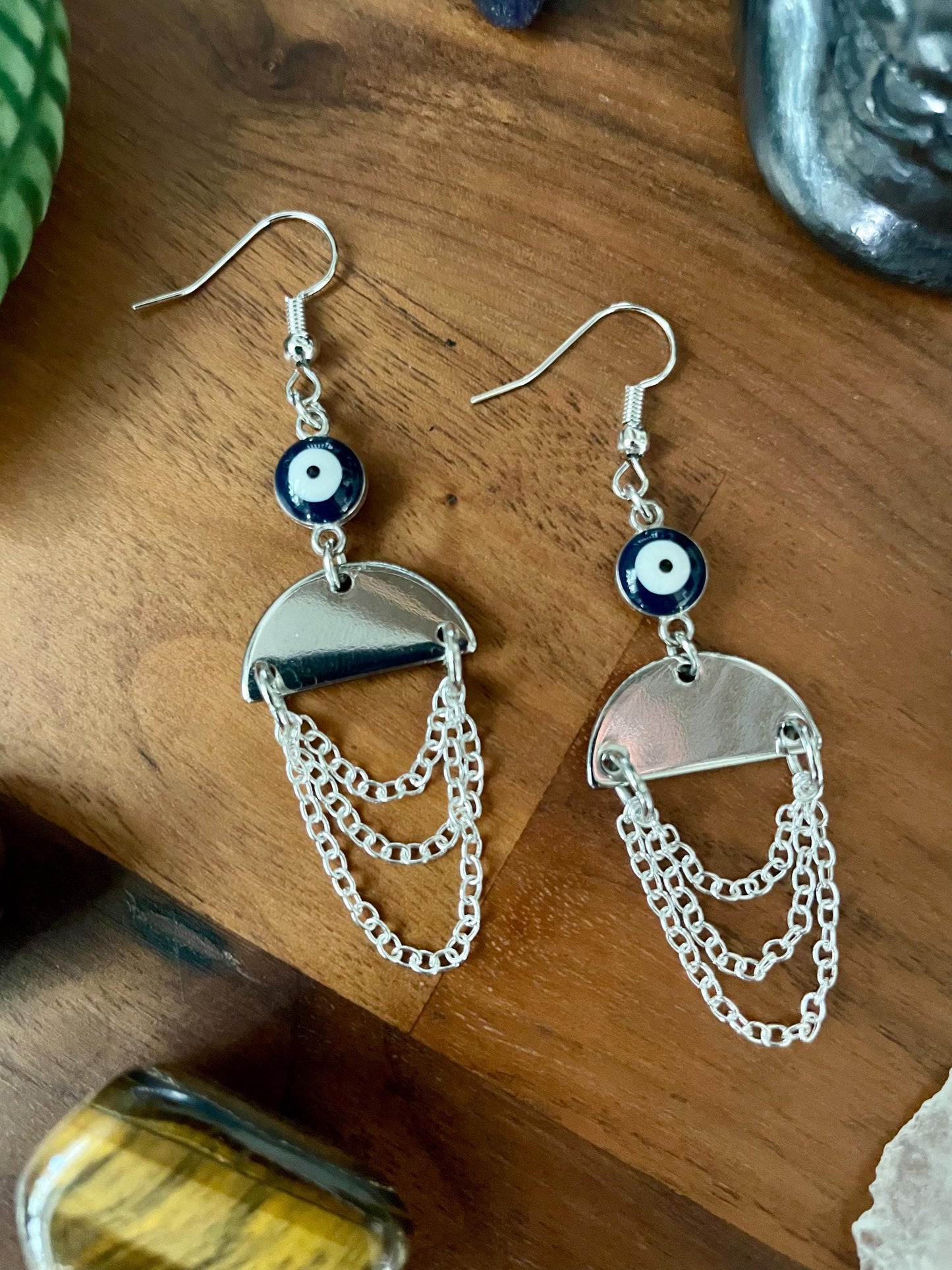 Evil eye silver semi-circle dangle earrings | Witchy Boho dangly drop Statement Earrings | Nickel Free Hypoallergic plated steel ear wires