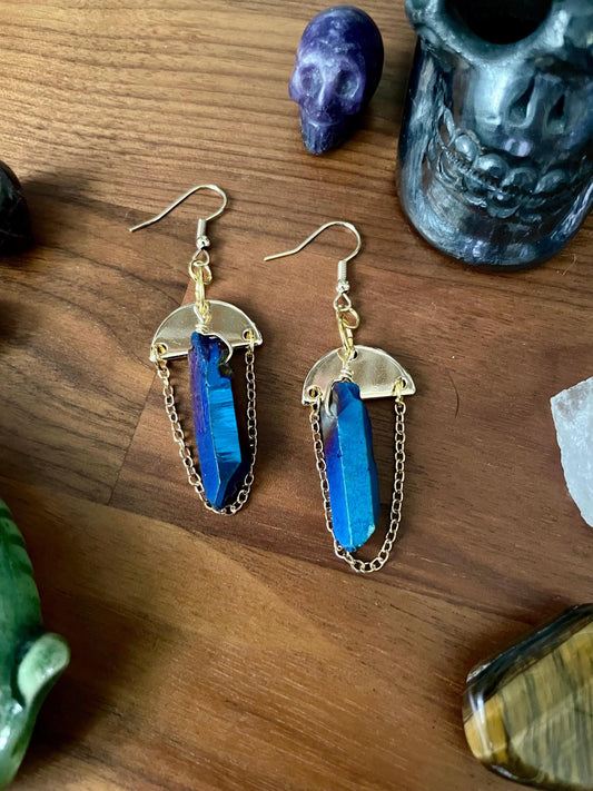 Sapphire Luster Quartz gold semi-circle dangle statement earrings | Nickel Free Hypoallergic plated steel ear wires | Witchy Boho Earrings