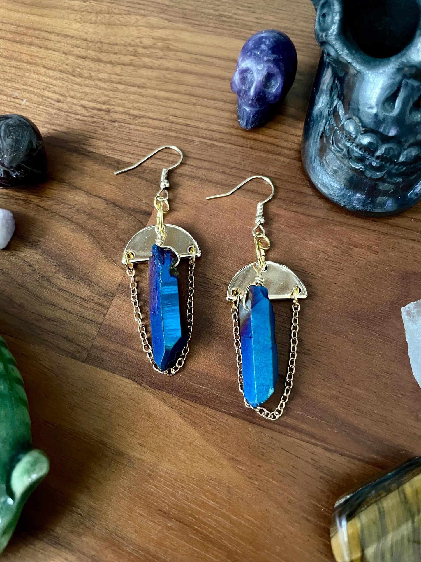 Sapphire Luster Quartz gold semi-circle dangle statement earrings | Nickel Free Hypoallergic plated steel ear wires | Witchy Boho Earrings