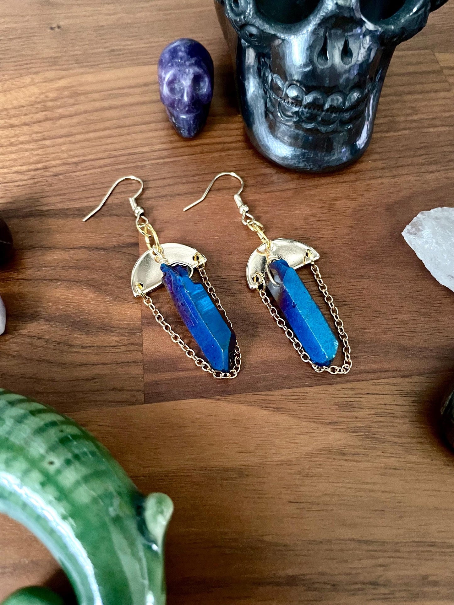 Sapphire Luster Quartz gold semi-circle dangle statement earrings | Nickel Free Hypoallergic plated steel ear wires | Witchy Boho Earrings