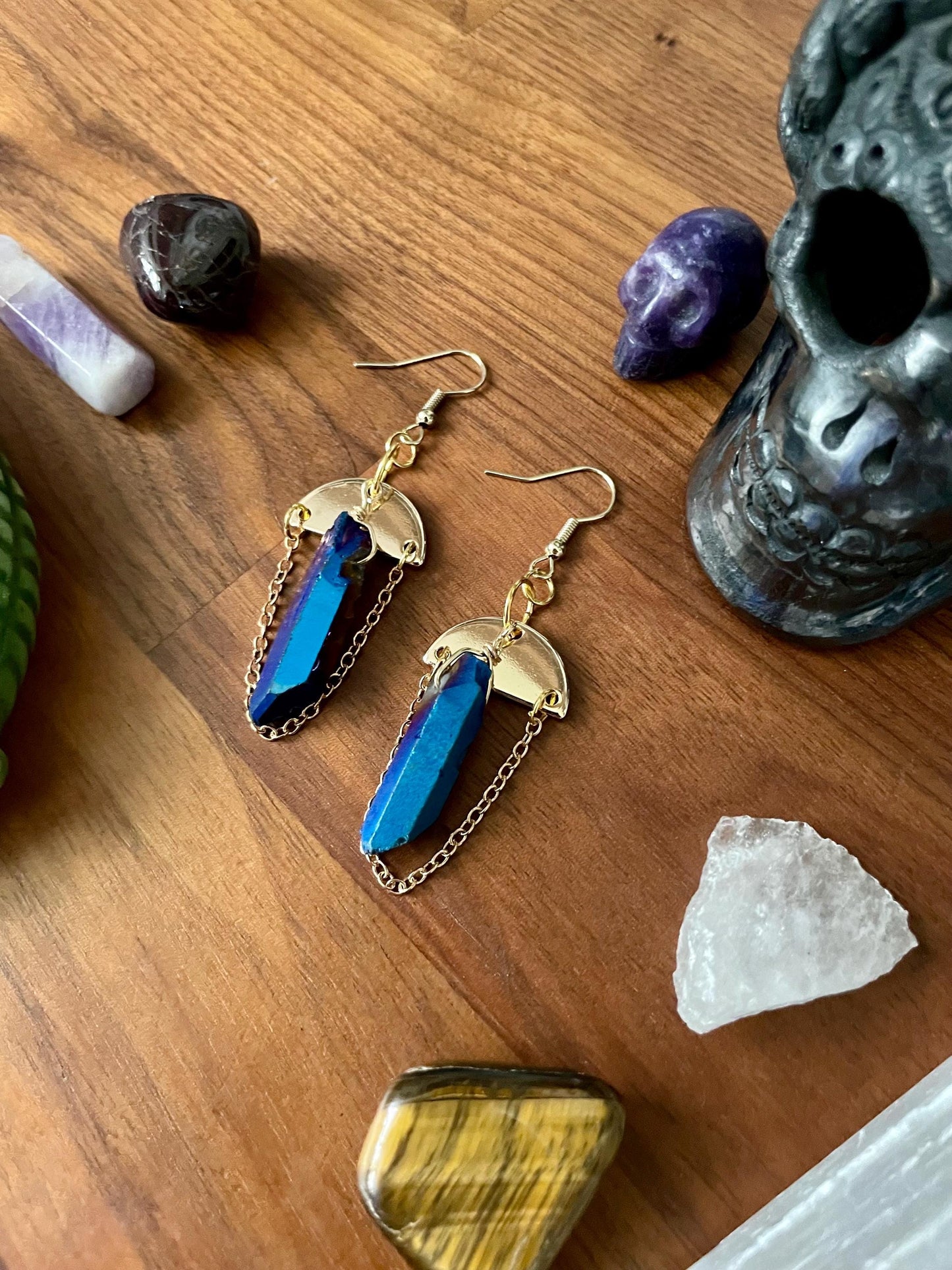 Sapphire Luster Quartz gold semi-circle dangle statement earrings | Nickel Free Hypoallergic plated steel ear wires | Witchy Boho Earrings