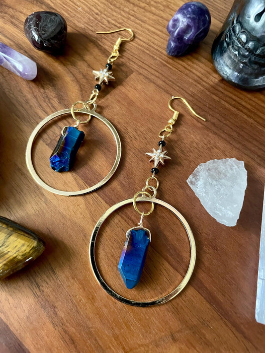 Celestial Sapphire Luster Quartz twinkle star gold dangle statement earrings | Nickel Free Hypoallergic ear wires | Witchy Boho Earrings