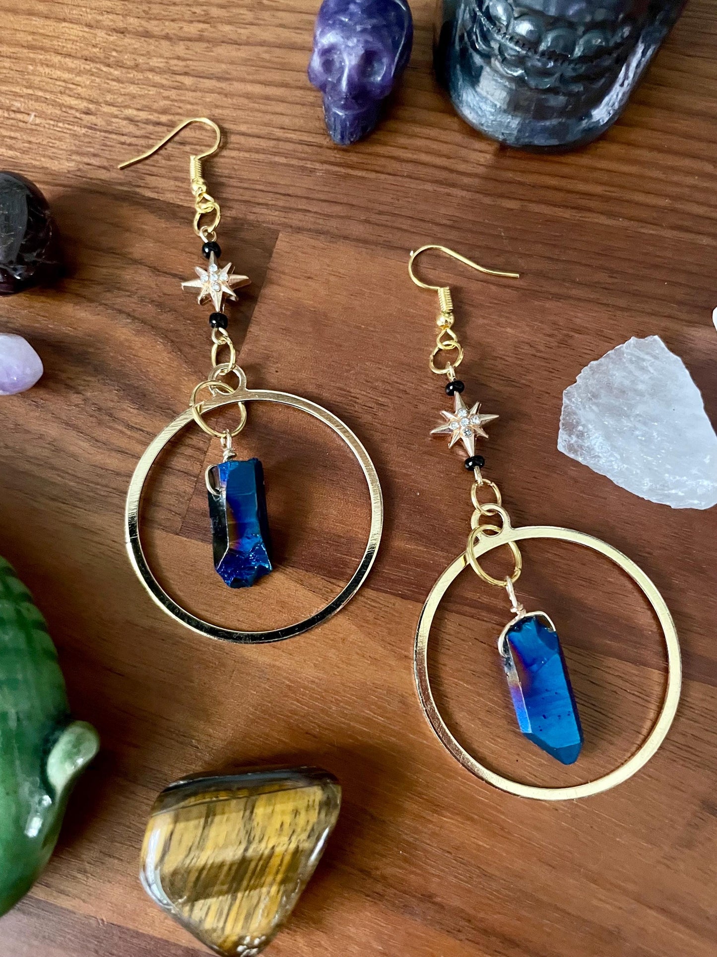 Celestial Sapphire Luster Quartz twinkle star gold dangle statement earrings | Nickel Free Hypoallergic ear wires | Witchy Boho Earrings