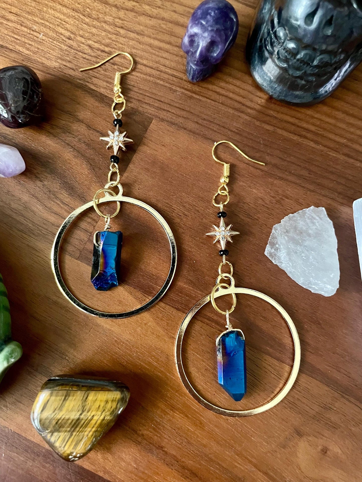 Celestial Sapphire Luster Quartz twinkle star gold dangle statement earrings | Nickel Free Hypoallergic ear wires | Witchy Boho Earrings