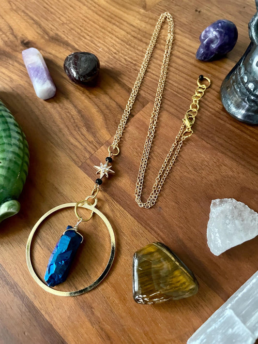 Celestial Sapphire Luster Quartz twinkle star gold dangle statement Necklace | Nickel Free Hypoallergic chains | Witchy Boho Necklace