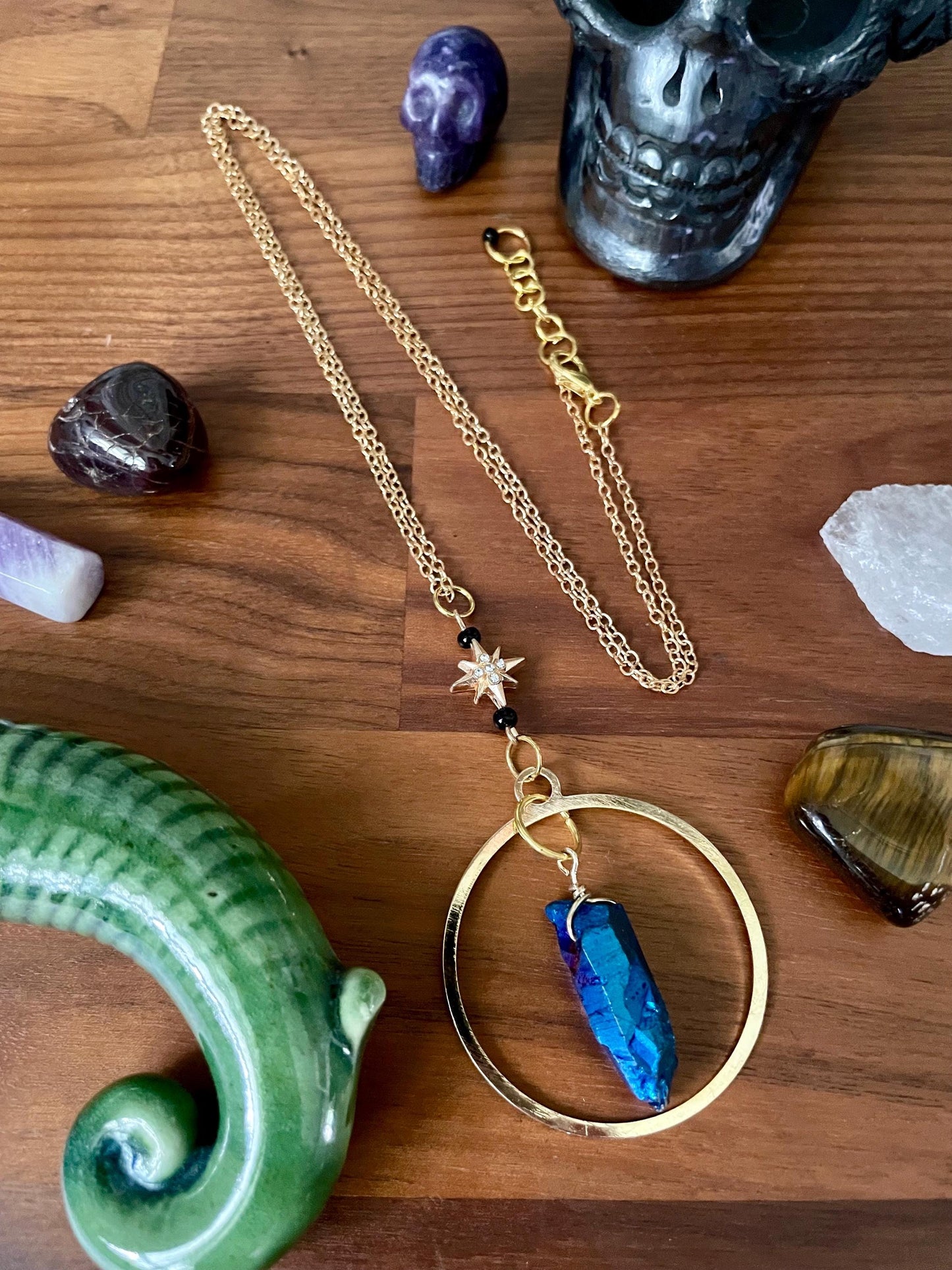 Celestial Sapphire Luster Quartz twinkle star gold dangle statement Necklace | Nickel Free Hypoallergic chains | Witchy Boho Necklace