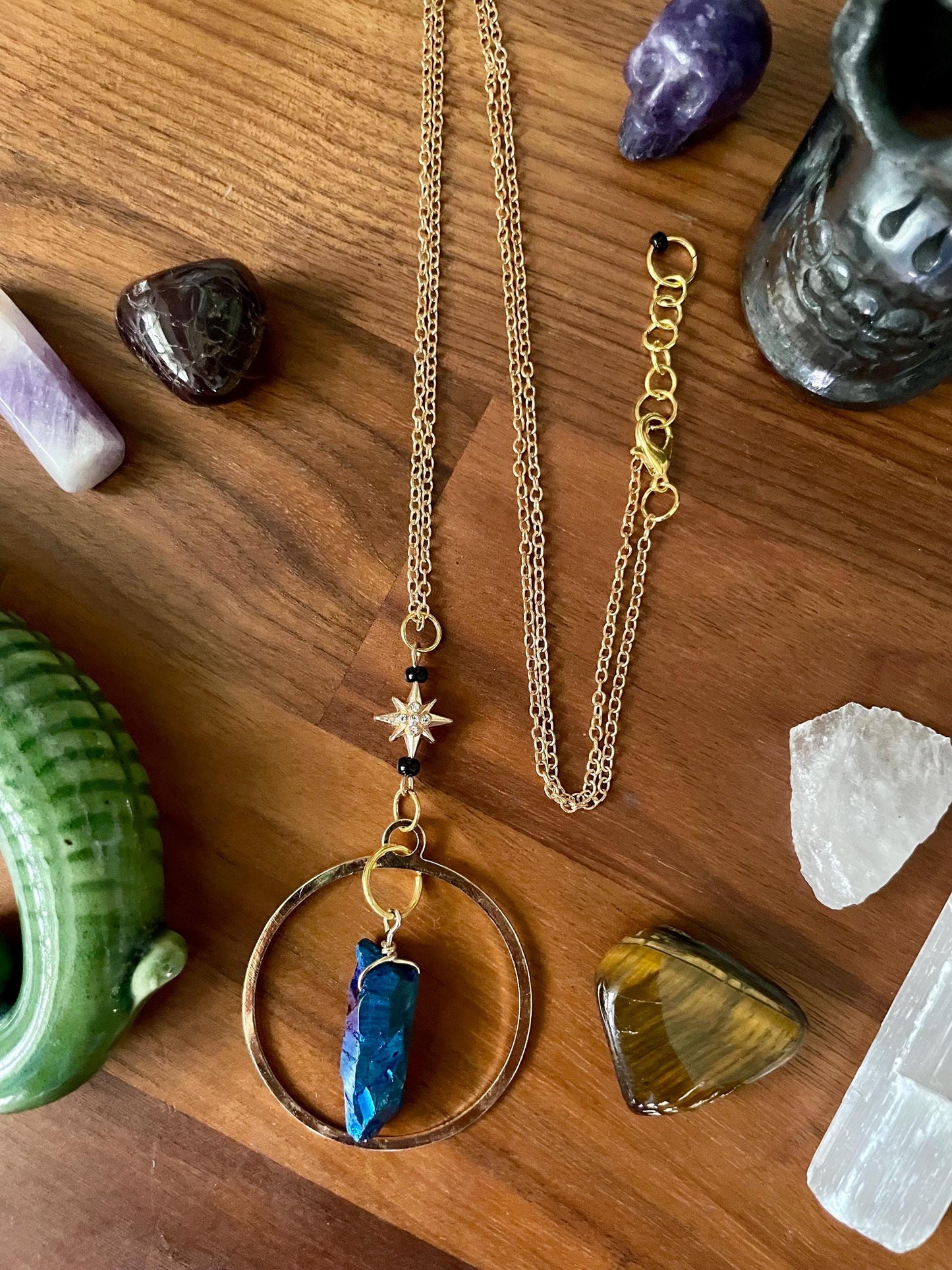 Celestial Sapphire Luster Quartz twinkle star gold dangle statement Necklace | Nickel Free Hypoallergic chains | Witchy Boho Necklace