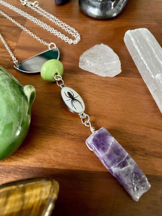 Amethyst spider statement necklace | Green and Purple Witchy Boho Halloween Necklace | Nickel Free Hypoallergic chain