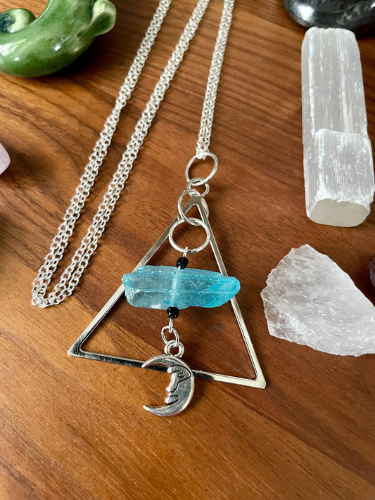 Aqua Quartz Crystal Silver Tone Man in the Moon Dangly Triangle Statement Necklace | Halloween gifts | Nickel Free Hypoallergic chains
